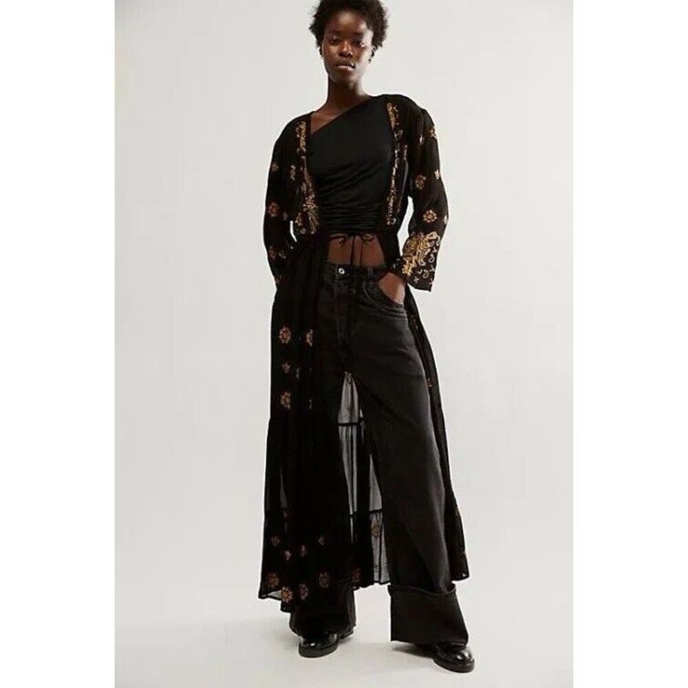 Free People Black Floral Embroidered Long Sheer Robe